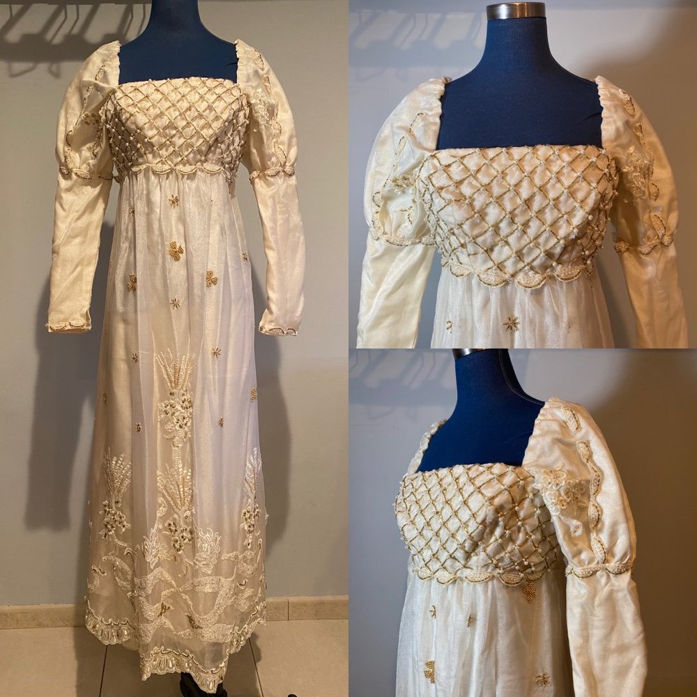 Vintage Wedding Dress, Custom Handmade Off-White & Gold, Napolean Empire Design